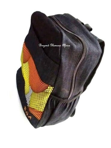 An unisex denim Ankara back pack very fashionable