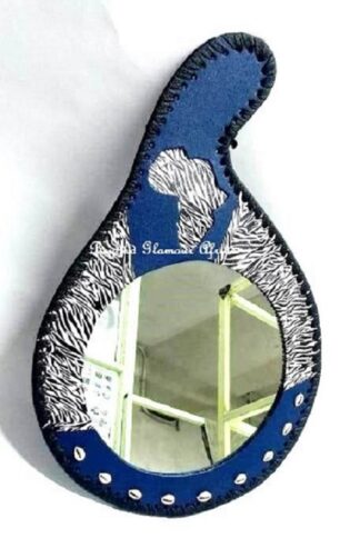 A blue leather calabash mirror very fashionable to have