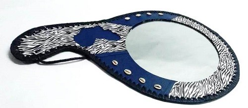 A blue leather calabash mirror very fashionable to have