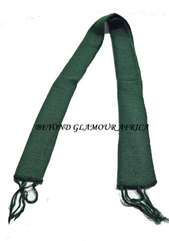 A green knitted scarf very fashionable and warm to have.