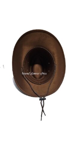 A brown cowboy hat and a brown keyholder combo very fashionable to have