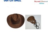 A brown cowboy hat and a brown keyholder combo very fashionable to have