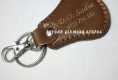A brown cowboy hat and a brown keyholder combo very fashionable to have